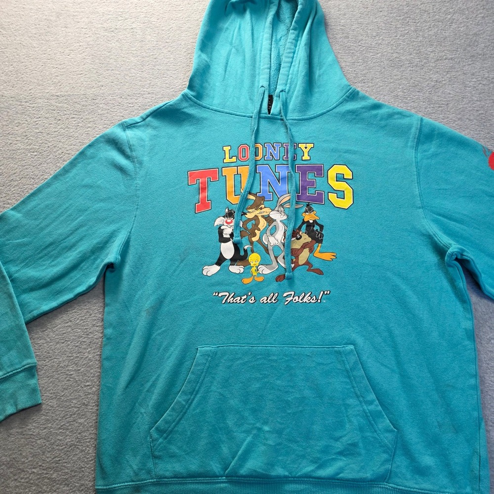 Looney Tunes Teal Hoodie Large "That's All Folks"Bugs Bunny & Daffy Duck Graphic